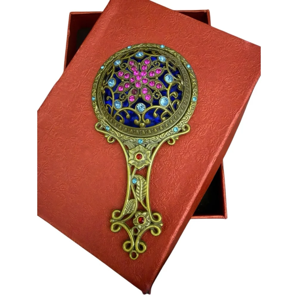 Unique Vintage-Style Jewel Encrusted Hand Makeup Mirror and Comb Set